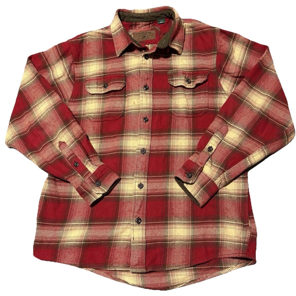 Orvis Flannel Shirt Mens L Red Plaid Heavy Cotton Fleece Lined Collar Pockets